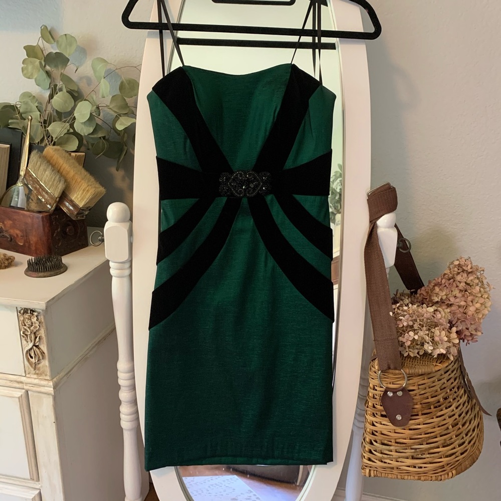 Betsy and Adam green and black formal mini dress